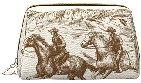 BAAROO West Desert Kaktus mit Cowboys Reitpferden Leder Kosmetiktasche Handtasche Kleine Tasche Geldbörse Reißverschluss Federmäppchen Toilettenartikel, farbe, 5.0cm*10.5cm*20.5cm, federmäppchen