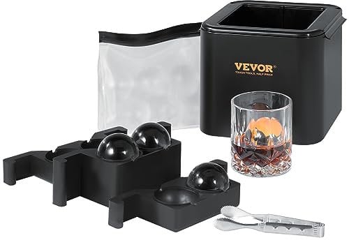 VEVOR Cubiteras para Hielo Redondo 4 Esferas de 6cm Fácil de Sacar Molde de Silicona Alimentaria para Cubitos de Hielo con Bolsa para Congelador y Pinzas para Bebidas Vino Cócteles Whisky Café Fiestas