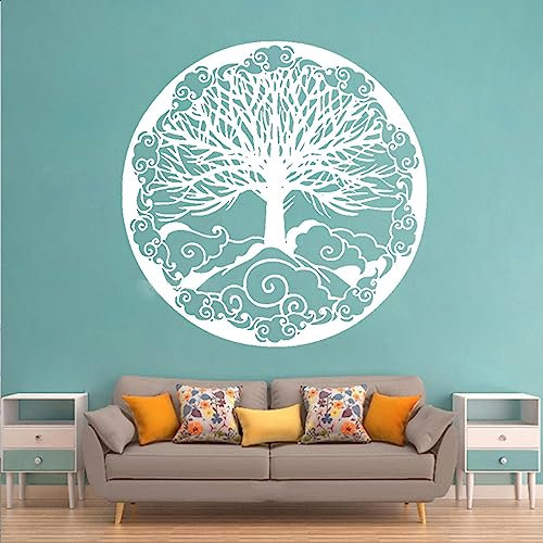 Autocollant mural en vinyle motif arbre de vie cercle pour décoration d'intérieur, chambre à coucher, yoga, mandala, arbre créatif avec motifs artistiques, blanc, 56 x 56 cm
