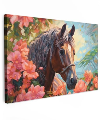 MuchoWow© Bilder Groß 120x80 cm XXL Wohnzimmer Deko Modern Wandbild Kunstdruck auf Leinwand Bild Schlafzimmer über Bett Room Decor Geschenke Kinderzimmer - Pferde - Blumen - Tiere - Orange