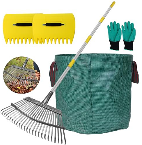 STANEW Rastrello da Giardino, Rastrello per Foglie con 165cm Manico in Acciaio Regolabile, Con Guanti da Lavoro Antiscivolo e Sacchi per Rifiuti da Giardino , per Raccogliere Foglie e Stopi del Prato