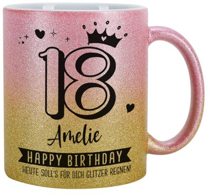 Tasse mit Glitzer personalisiert Keramik 300 ml (Pink-Gold, Geburtstag)