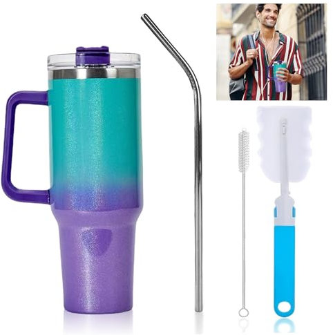 YOYIAG 40oz Insulated Tumbler with Handle Reusable Insulated Coffee Cup with Stainless Steel Straw, Car Water Bottle, Vacuum Travel Mug with Straw Brush, for Water Coffee Hot Cold, BZ-2247