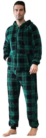 Herren Paar Jumpsuit Overall Schlafanzug Kuschelig Lustig Lang Kariert Pyjama Winter Warm Plüsch Overall Schlafoverall Reißverschluss Teddy Fleece Einteiler Onesie Schlafanzug
