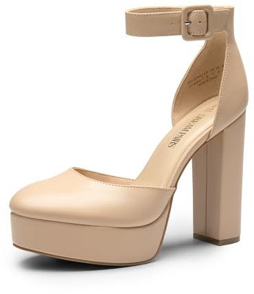 DREAM PAIRS Damen Plateau High Heels Blockabsatz Knöchelriemen Hochzeit Brautschuhe Party Bequeme Pumps Schuhe,Size 41,Nackt-Pu,SDPU2419W