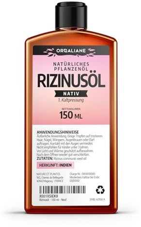 Rizinusöl - 150 ml - 100% nativ - kalt gepresst - Ricinus Communis - Orgaliane -100% Rein, Natürlich und Kaltgepresst - Wimpern, Augenbrauen, Haare, Bart, Nägel