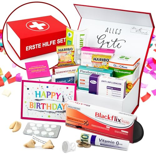Lustiges Erste Hilfe Set - Geschenkbox - 11-teilig - Witziges Geburtstagsgeschenk mit vielfältigem Inhalt für Männer und Frauen inkl. Geldgeschenk, Geburtstagkarte - Lustige Scherzartikel