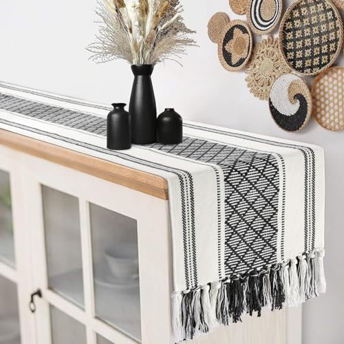 yuboo Schwarz-weiß gestreifter Tischläufer im Bauernhaus-Stil, Boho-Tischläufer, kurz, gewebt, 122 cm lang, rustikale Kommodenläufer für Schlafzimmer, Nachttisch, Schwarze Herbst-Tischdekoration