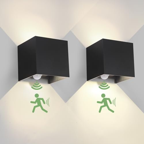 wisdom line 6W LED Aussenlampe mit Bewegungsmelder 2 Stück Wandleuchte innen/aussen 4000K Natürlweiß LED Wandleuchte Innen Schwarz Rechteckig Verstellbar Abstrahlwinkel Wandlampe Aussen IP65
