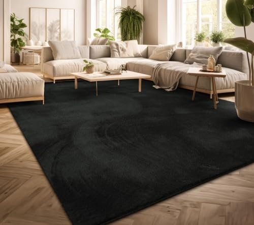 TT Home Wohnzimmer Teppich Kurzflor Anti-Rutsch Rückseite Unifarben Modern Waschbar, Farbe: Schwarz, Größe:120 cm Rund