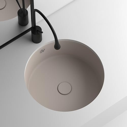 Lavello tondo marrone da incasso,lavaboio ceramica con troppopieno,Ceramica da Lavello in ceramica montata，il lavandino rotondo è adatto per cucine, piani di lavoro, Bagno, camper.(46 * 46 * 21cm)
