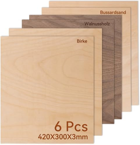 ROWOOD Tablero de madera contrachapada de 3 mm A3, 420 x 300 mm, 6 unidades, madera de nogal, tilo de abedul, corte a medida, madera sin tratar, madera para modelismo, corte láser, grabado láser,