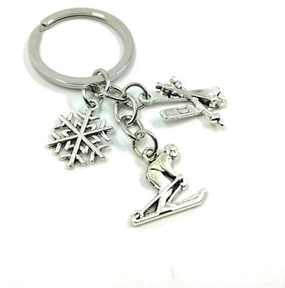 VLNET Portachiavi tascabile a doppia anella in acciaio inossidabile tema passioni:sport,calcio,musica,macchine ecc.Accessorio Unisex,Ottima idea Regalo (sci)