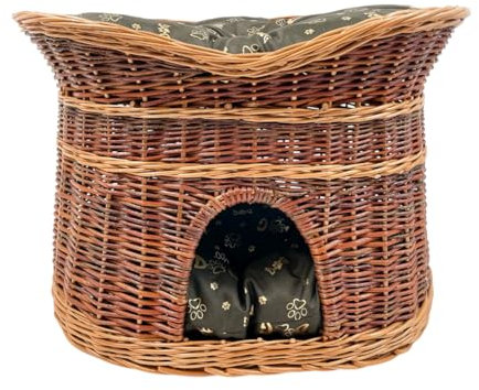 Katzenkorb zum Schlafen – Katzenhütte Indoor – Größe L: 60 cm oval – Katzenhöhle aus Weide – Zweistöckiger Hunde – oder Katzenbett mit waschbaren Kissen in Dunkelbraune – Lackierter Korb