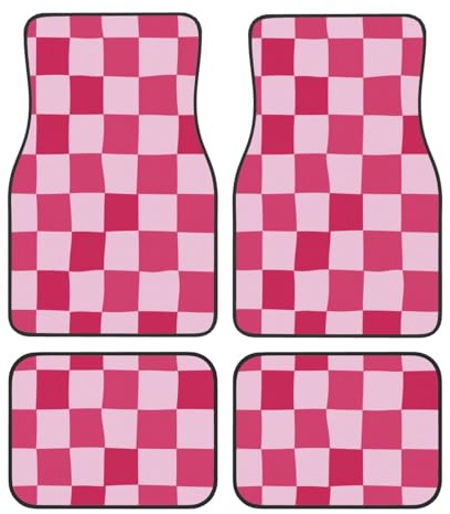 Lot de 4 tapis de sol de voiture avant et arrière de qualité supérieure - Motif damier rose - Accessoires de voiture pour berline, SUV, camion, camionnettes