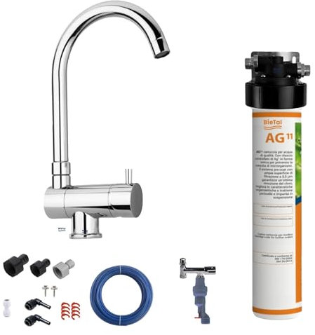 BieTal® Trinkwasserfilter mit Aktivkohle 3-Wege Wasserhahn Chrom Drehbar Klappbar sauberes & frisches Wasser für dein Zuhause Praxis Büro Wohnmobil Aktivkohlefilter Wasserfiltersystem & Wasserstop
