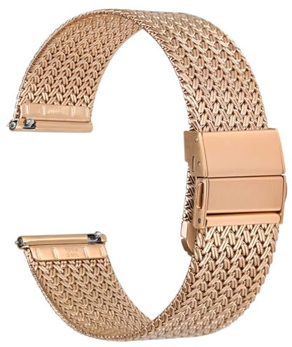 WOCCI 20mm Elite Uhrenarmband aus Metall für Damen und Herren, Gewebtes Mesh Armband, 316L Edelstahl, Schnellverschluss, Verbesserte Faltschließe (Roségold)