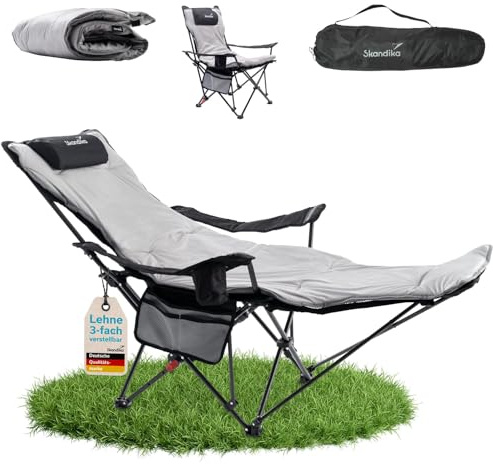 Skandika Chaise de Camping Toras avec Repose-Pieds | Pliable, Chaise Longue, Fauteuil Relax Pliant avec Porte-Boisson, Dossier réglable | Chaise de Camping extérieur, pêche (Noir | avec Coussin)