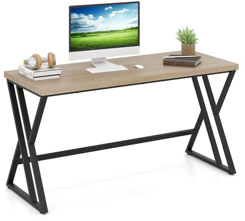 COSTWAY 150cm Computer Desk, Home Office X-Shaped Gaming Working Desk with Crossbar, Heavy-duty Metal Frame Ergonomic PC Laptop Table Study Workstation