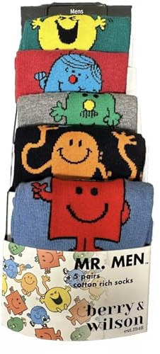 Berry & Wilson Mr. Men Men's Cotton Rich Character Socks, 5 Pairs, Multicoloured