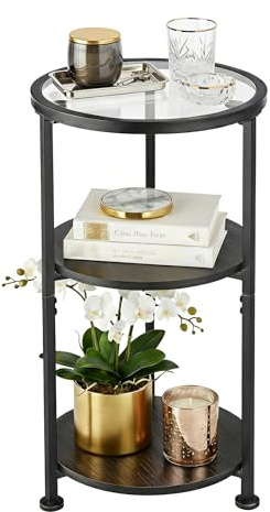 ZEXVIDA Side Table, Tempered Glass Small Round Side Table with 3-Tier Storage Shelves for Small Spaces, Modern Glass Round End Table for Living Room, Bedside Table Nightstand for Bedroom (Black)
