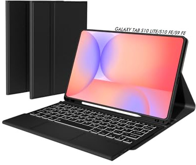 Doohoeek Schutzhülle mit Tastatur für Samsung Galaxy Tab S10 Lite 10,9 Zoll / S10 FE / S9 FE / S9 11, Bluetooth Kabellose Beleuchtete Tastatur mit Multi-Touch Trackpad, QWERTZ, Schwarz