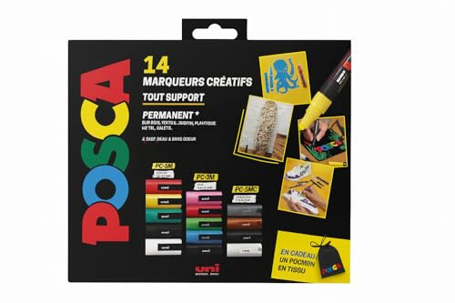 POSCA Coffret 14 Marqueurs Peinture PC-5M Pointe Moyenne – Couleurs Assorties Opaques – Marqueur Permanent à Base d’Eau pour Papier, Bois, Verre, Textile et DIY - pochon offert