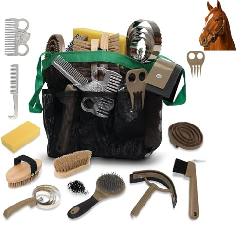 Kit de Toilettage pour Chevaux 14 Pièces Set de Brosses pour l’Entretien et le Bain avec Peigne à Crinière et Queue, Brosse Curry, Grattoir à Sabot, Gants et Sac en Maille