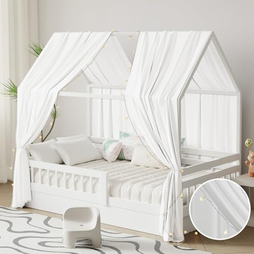 Pacok Hausbett Himmel mit Lichterkette Deko 2 Stück 135 x 350 cm Weiß | Baldachin Hausbett Vorhang,Betthimmel Stoffhimmel Hausbett für Mädchen Jungen Kinderbett