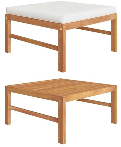 Hoopleep Fußhocker mit Creme Kissen, Massivholz Teak, 62,5x62,5x30 cm, für Terrasse, Garten und Außenbereich, robust und langlebig