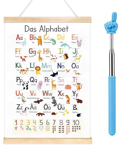 HAOQIAGA ABC Poster für Kinder 30x40 cm, Lernposter mit Alphabet und Zahlen aus Holzrolle, A - Z mit Rahmen und Fingerlesestab für Kindergarten, Vorschule, Grundschule