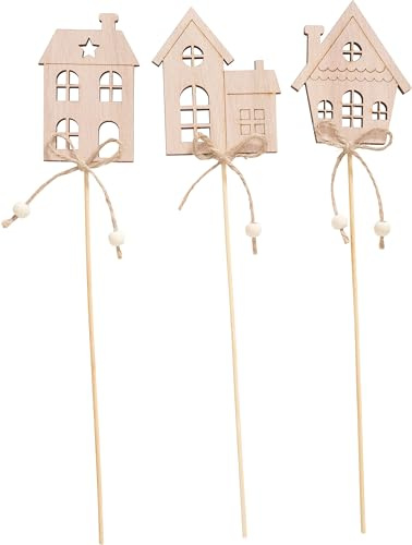 VBS Holz-Stecker Häuser 3er Set Dekostecker unbemalt furniert einseitig dekoriert Höhe 32 cm Länge 7.5 cm Stärke 0.4 cm Sperrholz 3 Motive