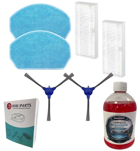 Roboparts Pièces de rechange compatibles avec Cecotec Conga M10 / M10 Xtreme. Pack de 2 filtres Hepa, 2 brosses latérales, 2 serpillères et 1 bidon de savon concentré pour robot aspirateur