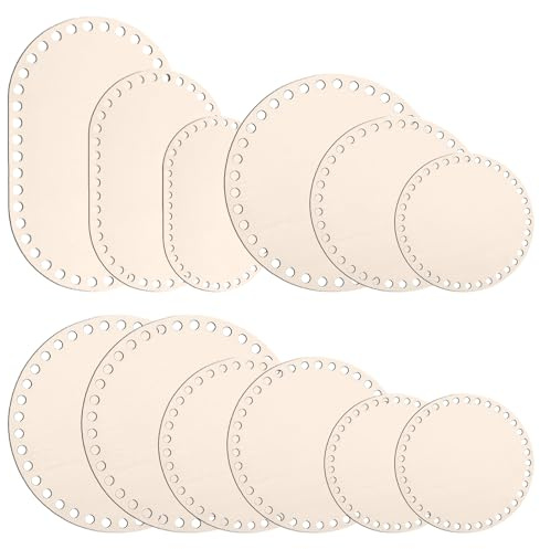 Rusokufo 12 Stück Holz Korbboden Set – 6 Größen Rund & Oval (10, 15, 20, 25, 30 cm) Häkelboden aus Lindenholz mit 6 mm Löchern, DIY Korb Basis zum Häkeln, Weben & Basteln