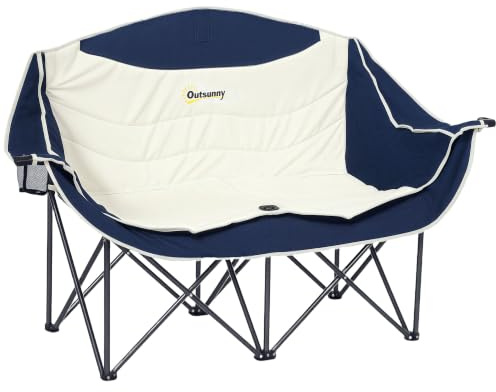Outsunny Faltstuhl 2 Sitzer Faltbar Campingstuhl Getränkehalter Blau | Tragetasche, Klappstuhl, Bis 250kg Belastbar, Leicht Gepolstert, Angelstuhl, Gartenstuhl, Garten Camping Strand Outdoor