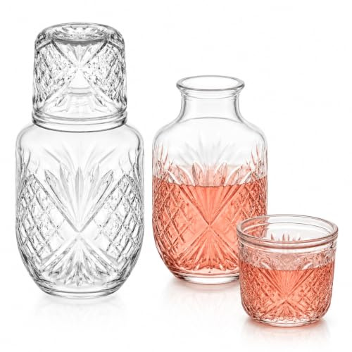 4 Pcs Bedside Water Carafe and Glass Set, 18 oz / 540 ml Vintage Glass Carafe with 5 oz / 150 ml Cup, Embossed Mouthwash Decanter for Bathroom, Nightstand Pitcher for Bedroom