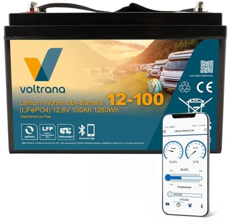 Lithium Wohnmobil-Batterie 12,8V 100Ah 1280Wh M8 mit Bluetooth & Heizung – Voltrana LiFePO4 Versorgungsbatterie