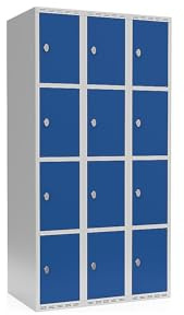 kaiserkraft | 4er-Schließfachschrank Fydor | 3 Abteile | lichtGrau/Enzianblau | B 900 mm | Flache Dachform | Vorhängeschloss