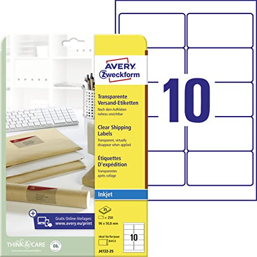 AVERY Zweckform J4722-25 Versandetiketten/Versandaufkleber (250 Etiketten, 96x50,8mm auf A4, bedruckbar, selbstklebend, für Inkjet-Drucker, für DIN B4/C4 Umschläge) 25 Blatt, transparent
