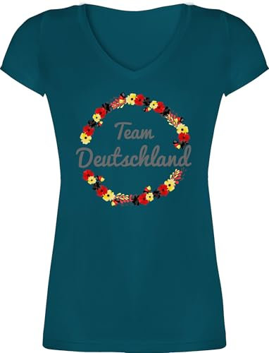 T-Shirt Damen V Ausschnitt - Fußball EM WM - Team Deutschland Blumenkranz - S - Türkis - Shirt 2021 fußball-Fanartikel Europameisterschaft Blumen Tshirt fußballtrikot Fussball Germany Fanshirt