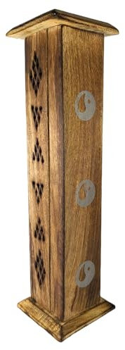 Turm aus Holz für Räucherstäbchen & Räucherkegel - Yin & Yang, 31cm