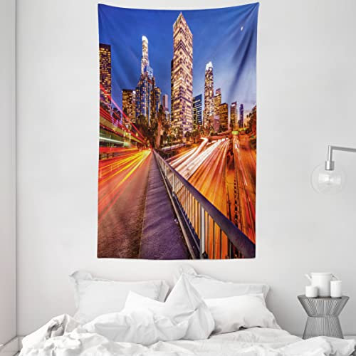 ABAKUHAUS Nacht Wandteppich, USA Downtown City Skyline über dem Highway Los Angeles Kalifornien Reiseziel, aus Weiches Mikrofaser Stoff Wand Dekoration Für Schlafzimmer, 140 x 230 cm, Nachtblau Orange