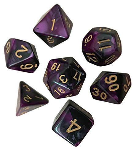 KT TECH 7-seitige polyedrische Würfel, 7 Stück Tischspielwürfel für Dragons und Dungeons MTG RPG DND D4 D6 D8 2 x D10 D12 D20, inklusive Würfelbeutel (lila gemischt schwarz)