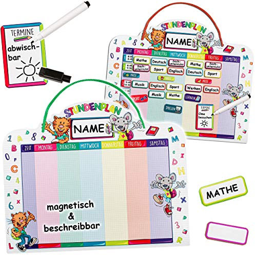 alles-meine.de GmbH Stundenplan - abwischbar + magnetisch - incl. 75 Stück Magnettafeln - inkl. Name - Wochenplaner/Memoboard - Tiere - Maus & Katze - mit Folienstift - zum BES..