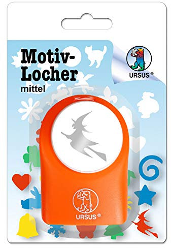 Ursus 19520024 Motivlocher mittel, Hexe, aus orangenem Kunststoff mit Metallstanze, Durchmesser ca. 25,4 mm, für Papierqualitäten von 160-220 g/qm, mit Druckknopffunktion für eine einfache Handhabung