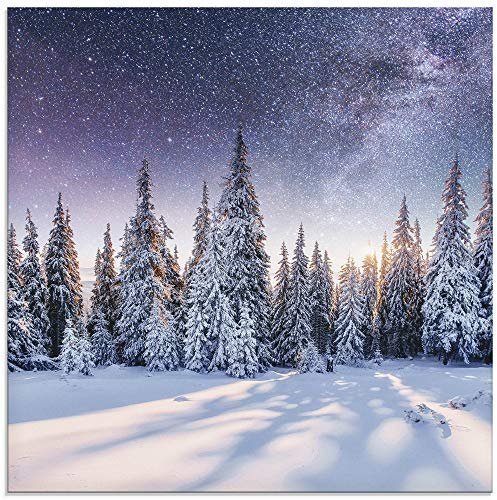 ARTLAND Wanddeko Glasbilder Wandbild Glas Bild einteilig 20x20 cm Quadratisch Winterlandschaft Wald Tannenbaum Natur Sternenhimmel Winter U1TO