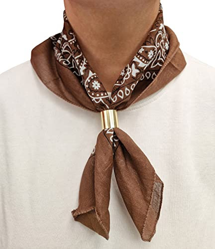 Komonee Tie Neck Ring Loop Clasp Silver Colour With Brown Paisley Bandana Head Scarf Headbands Handkerchief Cowboy Cotton Bib Party Face For Mens Womens Unisex