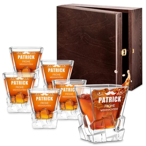 Maverton 6er Whisky Gläser Set mit Gravur - 250ml personalisiert - edles Kristallglas - zum Geburtstag - für Männer - Whiskygläser Set mit luxuriösem Design - Schnurrbart