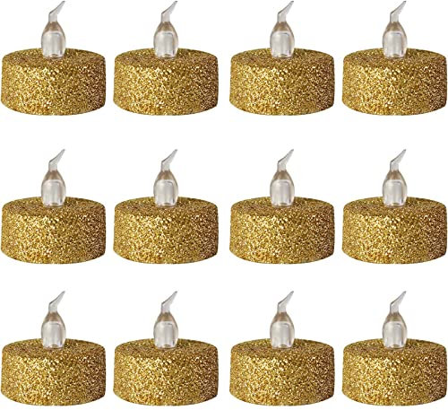 Lot de 12 bougies chauffe-plat à LED dorées scintillantes - Bougies chauffe-plat réalistes sans flamme pour Noël, Pâques, Halloween, mariage, fête, festival, etc