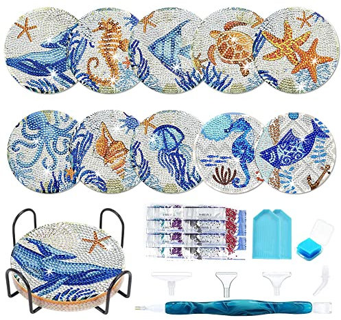 10 Stk Diamond Painting Untersetzer mit Halter und Werkzeugen, DIY 5D Rutschfest Getränke Untersetzer, Marine-Stil Deko Kork Untersetzer,Rund Getränke Tassen Untersetzer für Erwachsene Kinder Anfänger